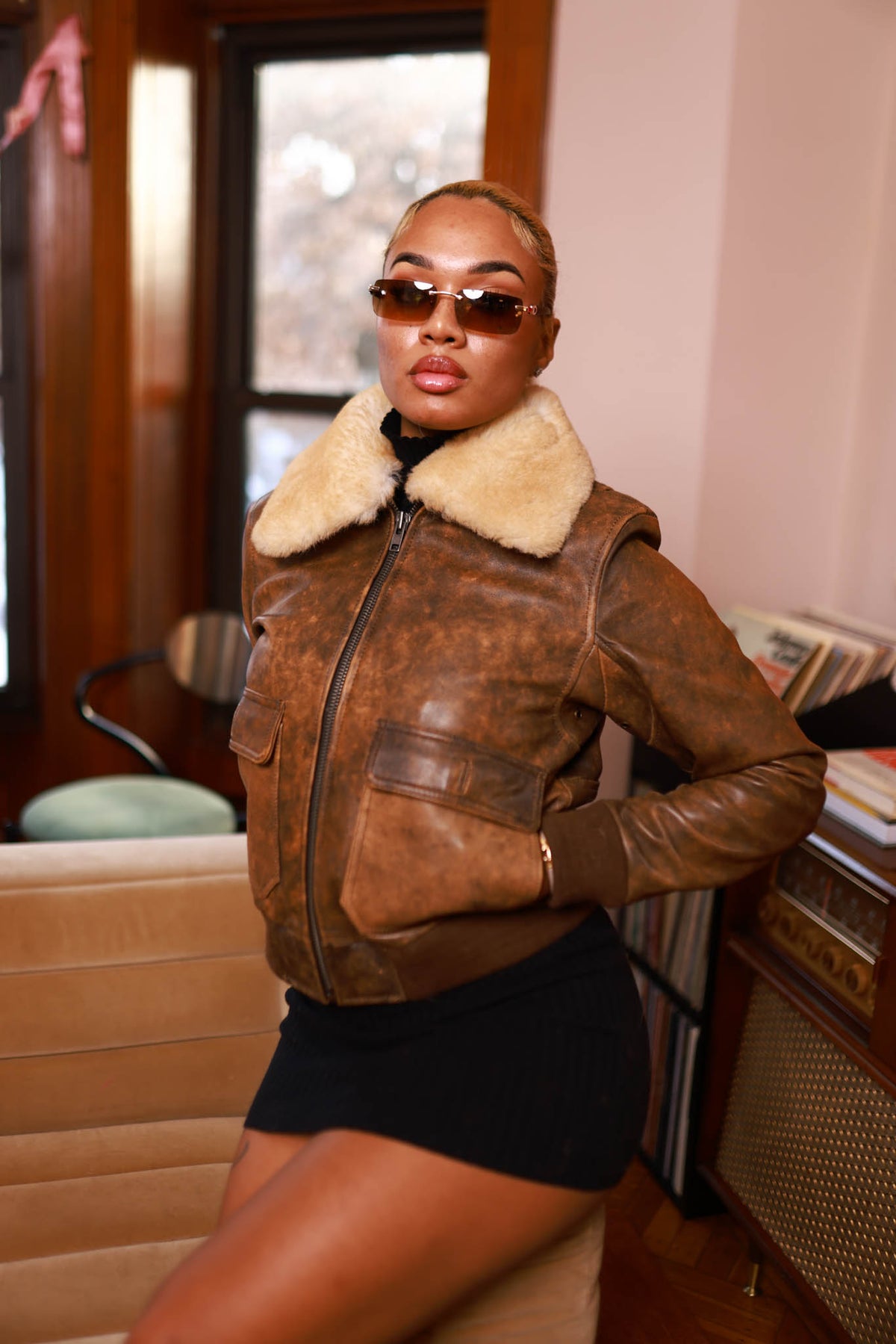 Women's Pilot Leather Jacket With Shearling Collar [Antique Brown]