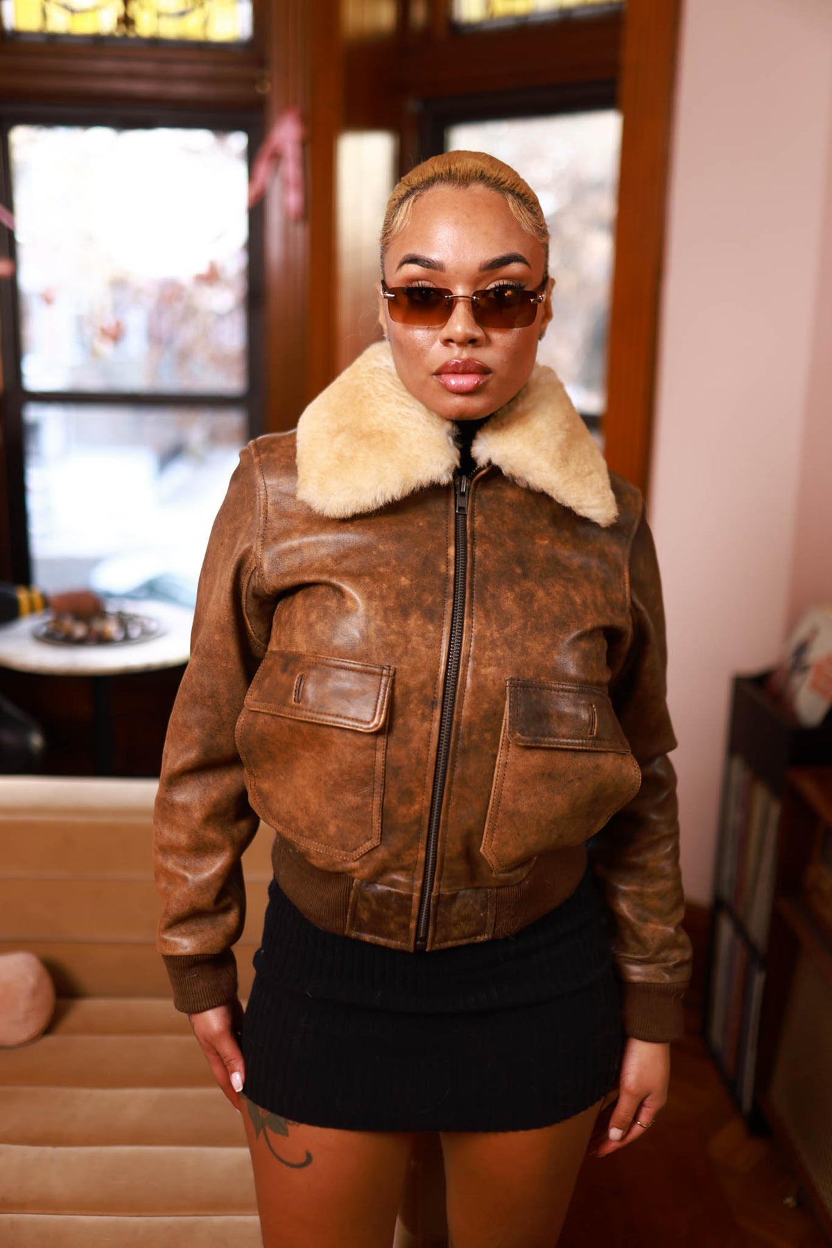 Women's Pilot Leather Jacket With Shearling Collar [Antique Brown]