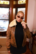 Women's Pilot Leather Jacket With Shearling Collar [Antique Brown]