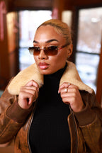 Women's Pilot Leather Jacket With Shearling Collar [Antique Brown]