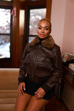 Women's Pilot Leather Jacket With Shearling Collar [Chocolate]
