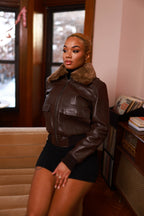 Women's Pilot Leather Jacket With Shearling Collar [Chocolate]