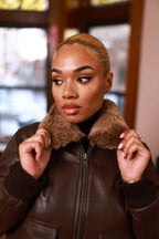 Women's Pilot Leather Jacket With Shearling Collar [Chocolate]