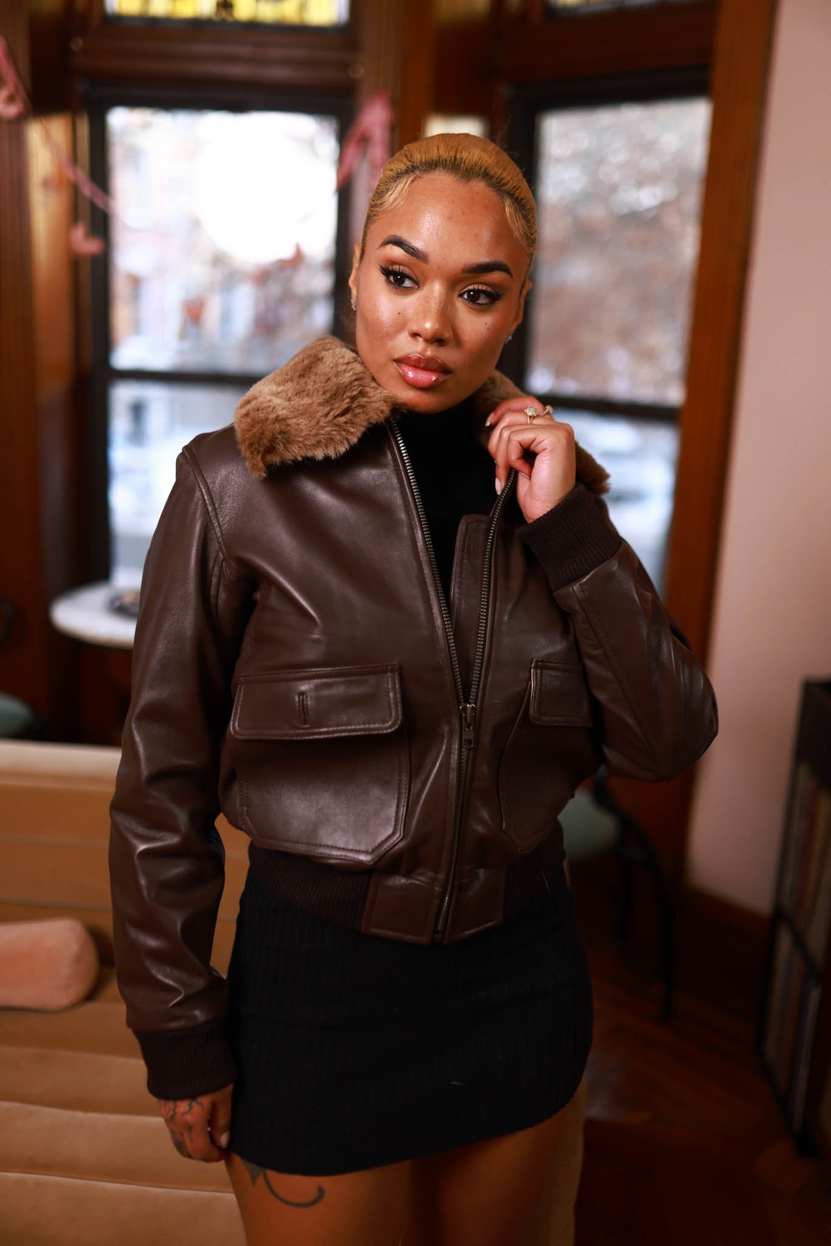 Women's Pilot Leather Jacket With Shearling Collar [Chocolate]
