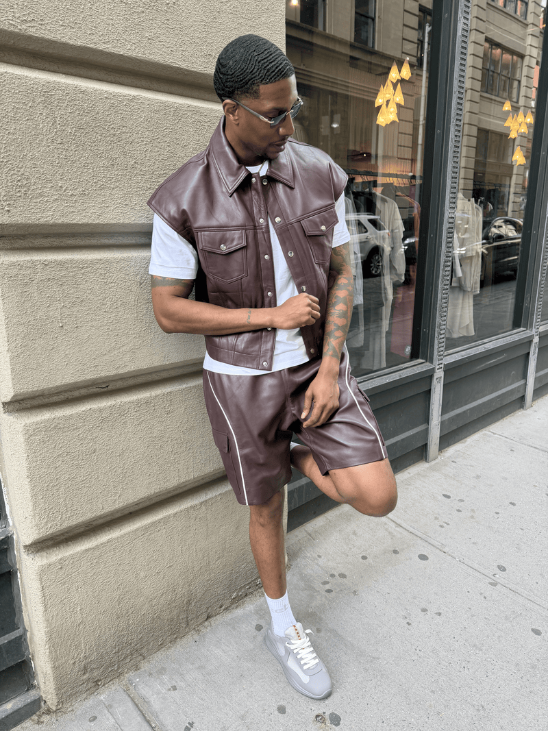 Men's Draco Leather Trucker And Shorts Set [Burgundy]