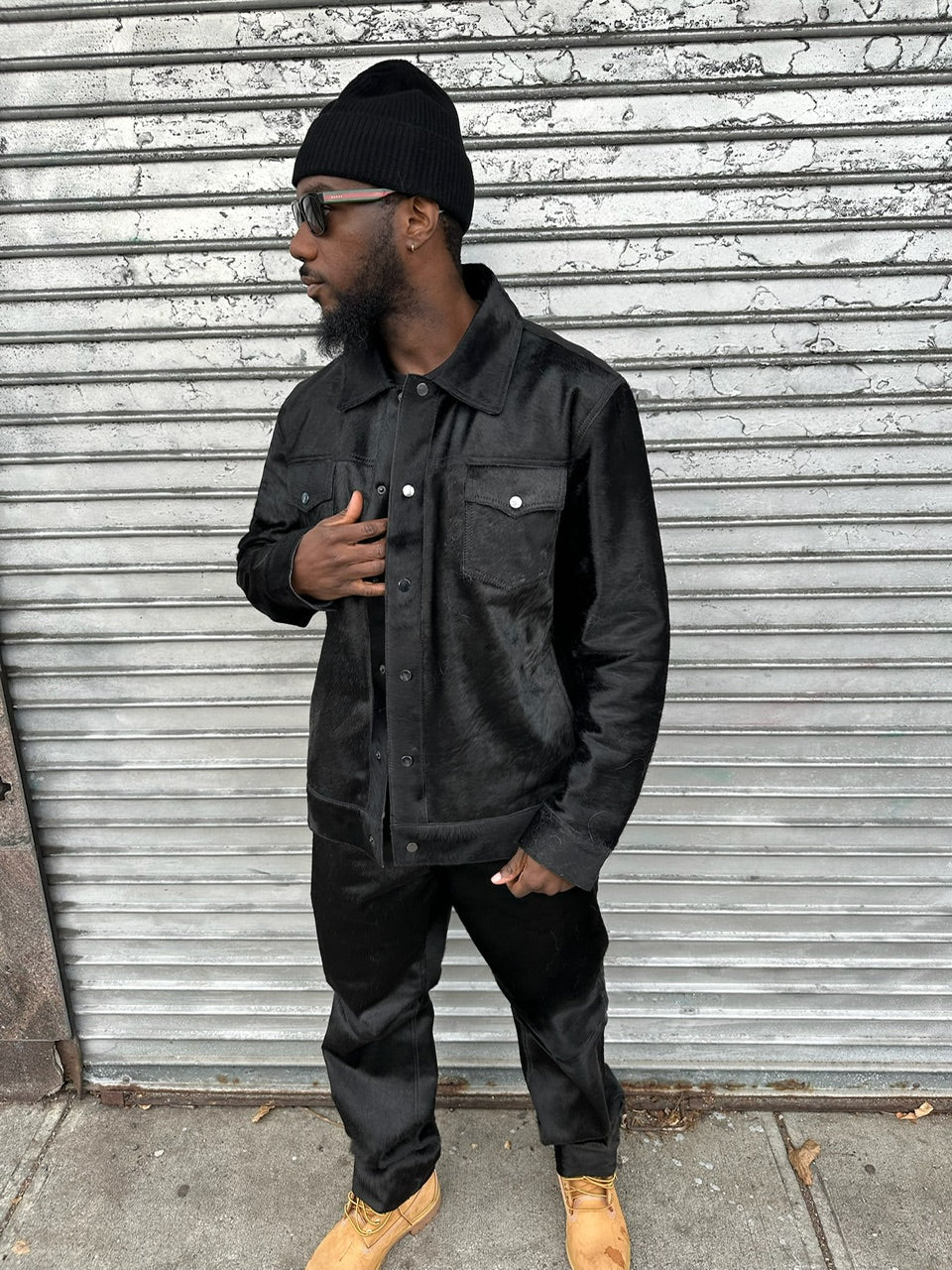 Men's Dylan Pony Skin Jean Jacket And Pants Set [Black]