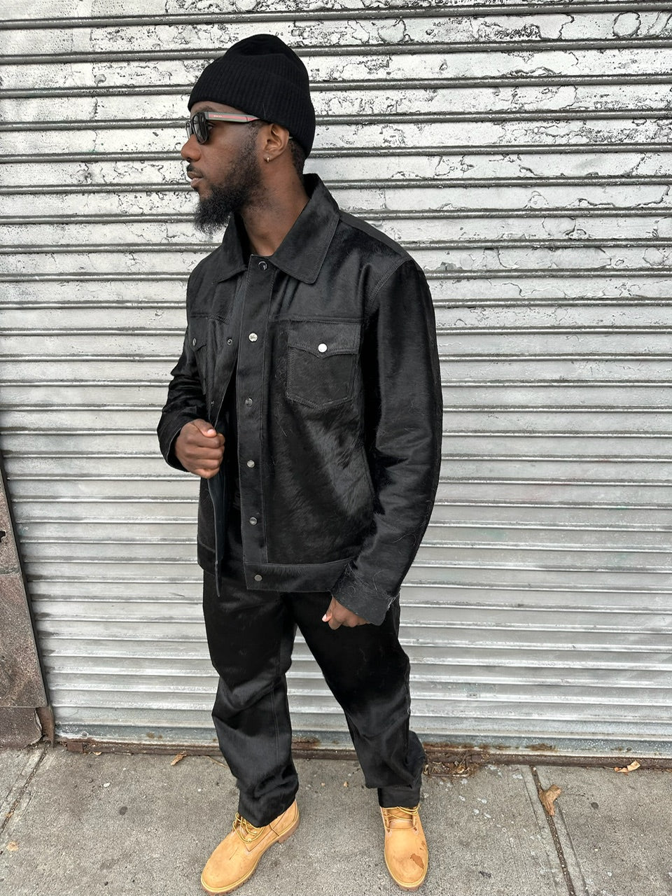 Men's Dylan Pony Skin Jean Jacket And Pants Set [Black]