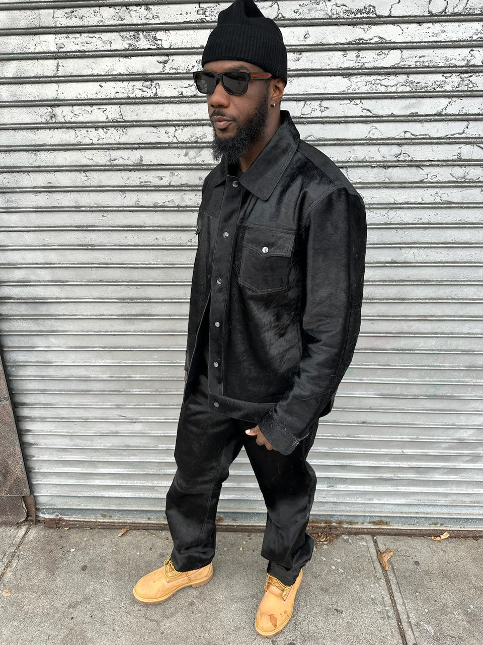 Men's Dylan Pony Skin Jean Jacket And Pants Set [Black]