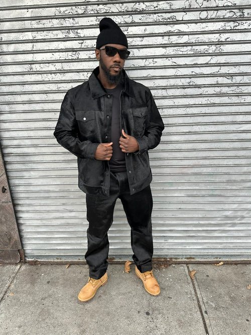 Men's Dylan Pony Skin Jean Jacket And Pants Set [Black]