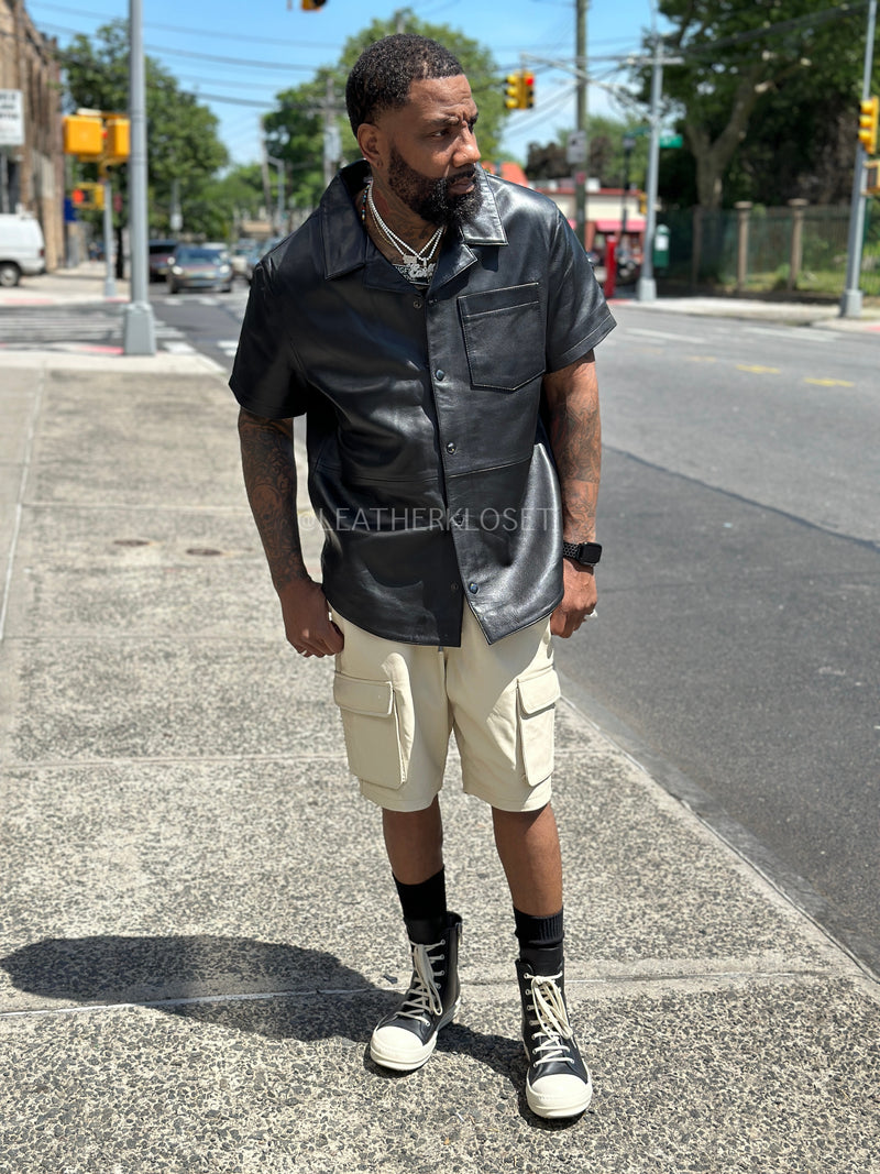 Men's Summer In Miami Leather Shirt And Shorts Set [Black/Beige]