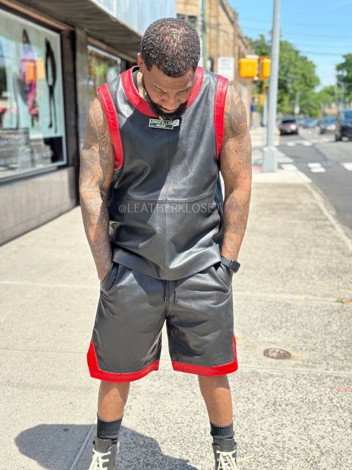 Men's Crossover Leather Basketball Jersey And Shorts [Black/Red]