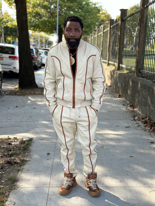 Men's Brayden Leather Track Suit Sweatsuit [Beige/Saddle]