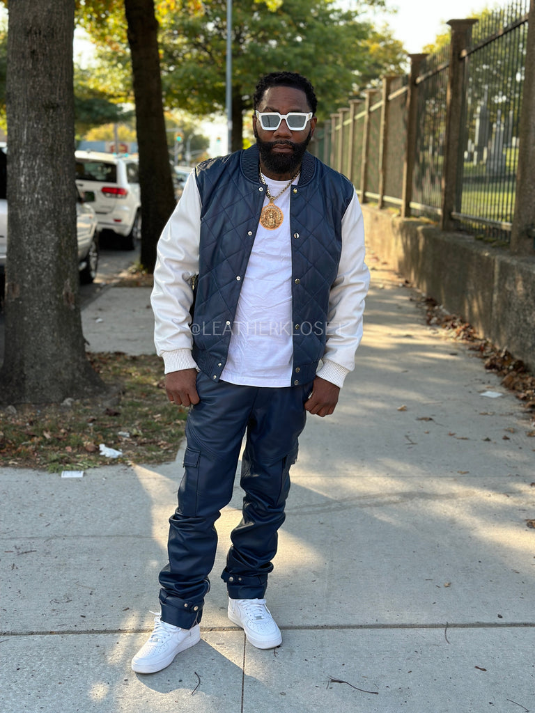 Men's Adan Jacket & Leather Stack Jean Pants [Navy/White] LeatherKloset