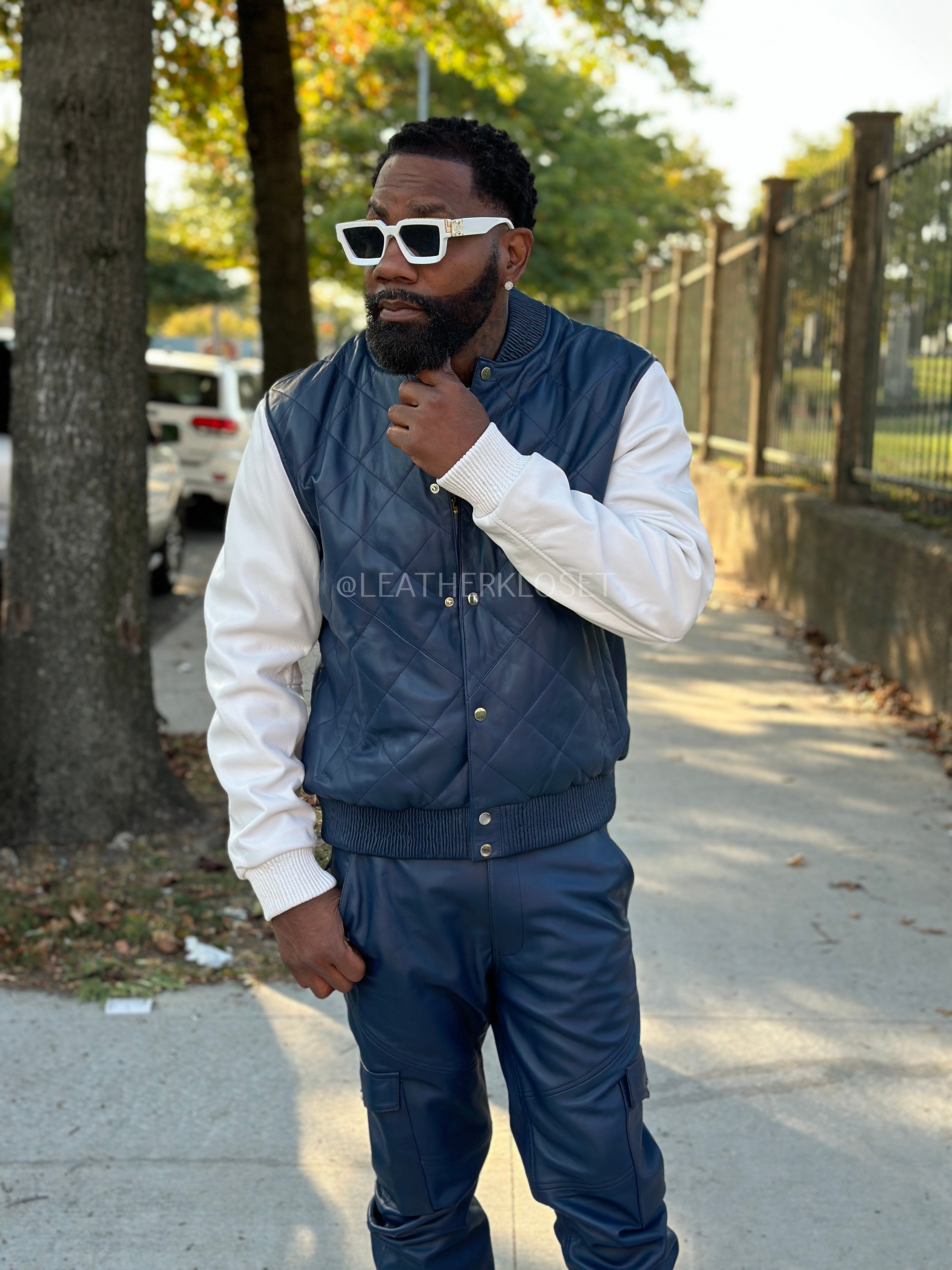 Men's Adan Jacket & Leather Stack Jean Pants [Navy/White