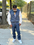 Men's Adan Jacket & Leather Stack Jean Pants [Navy/White]