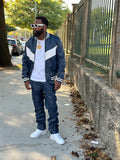 Men's V-Baseball Jacket & Leather Stack Jean Pants [Navy]