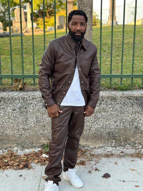 Men's Luka Leather Shirt And Pants Set [Chocolate Brown]