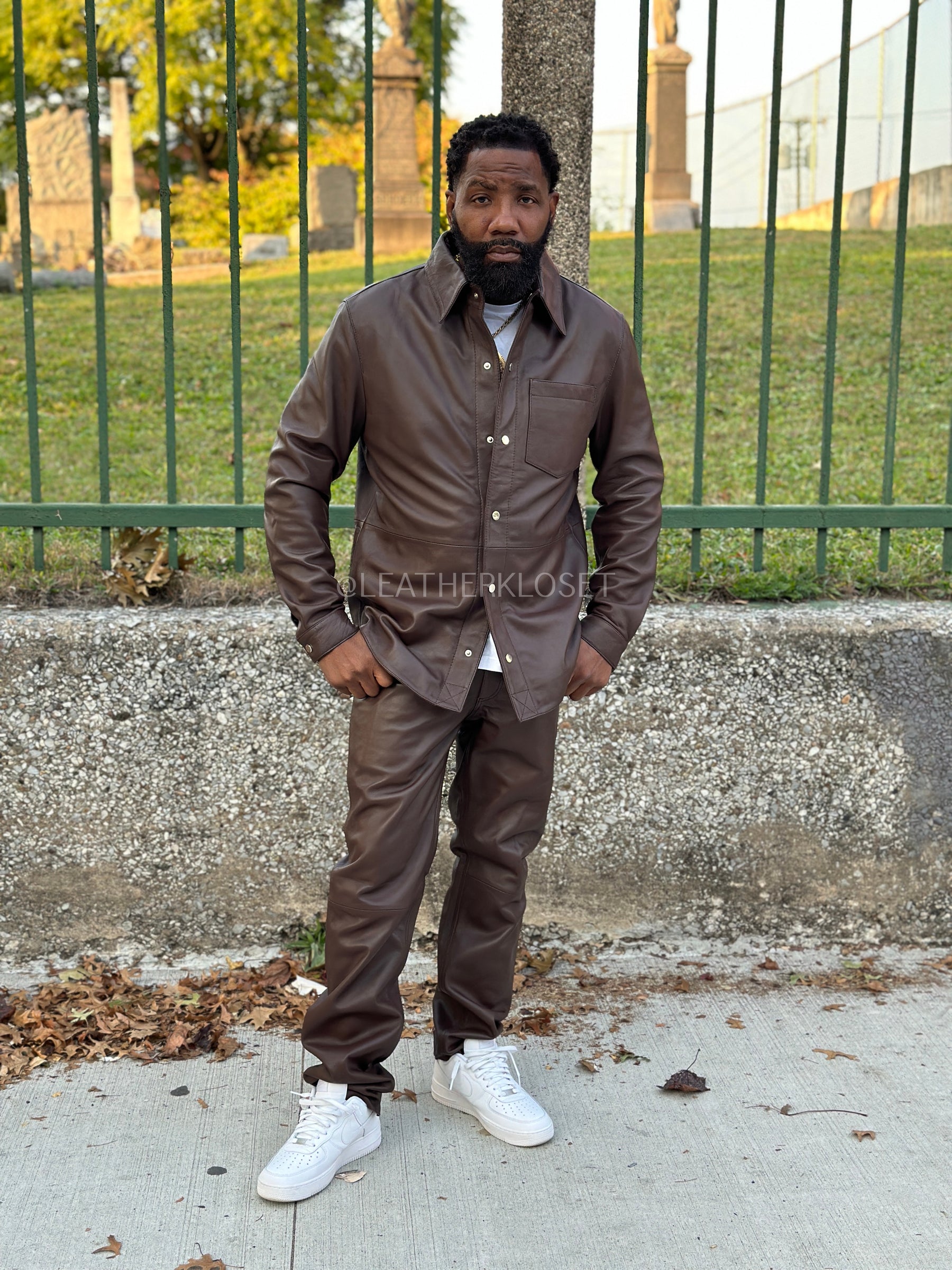 Men's Luka Leather Shirt And Pants Set [Chocolate Brown