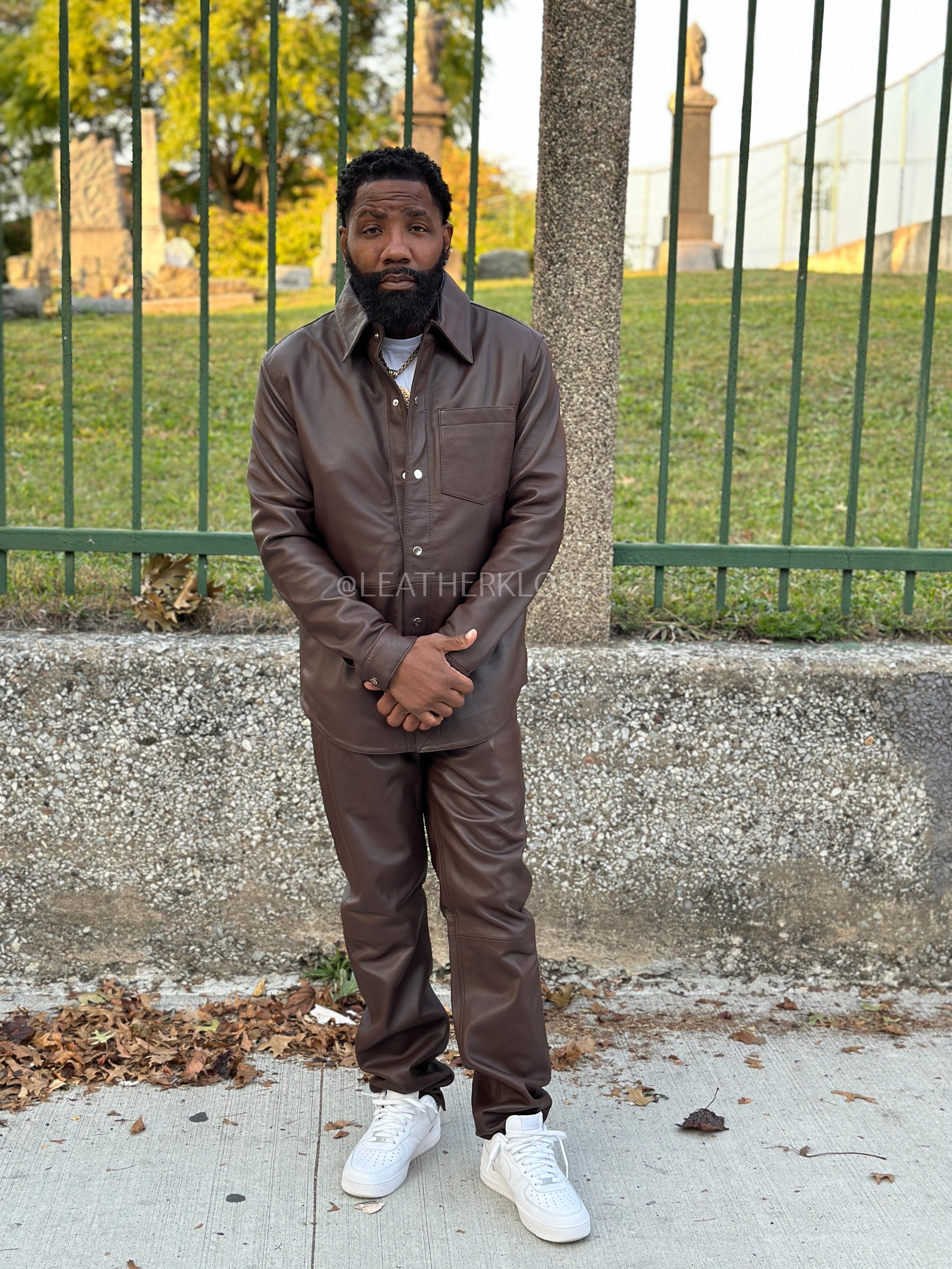 Men's Luka Leather Shirt And Pants Set [Chocolate Brown