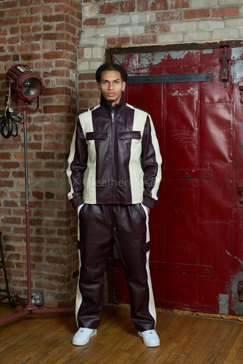 Men's Ace Tracksuit In Lambskin Leather [Burgundy/Beige/White]