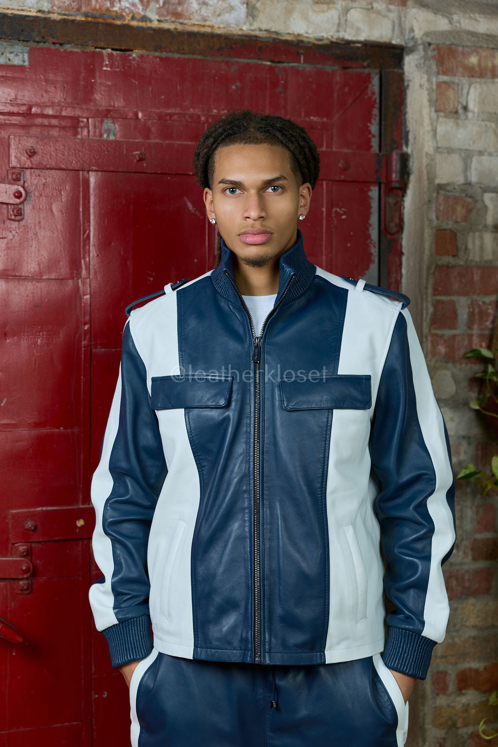 Men's Ace Tracksuit In Lambskin Leather [Navy/White]