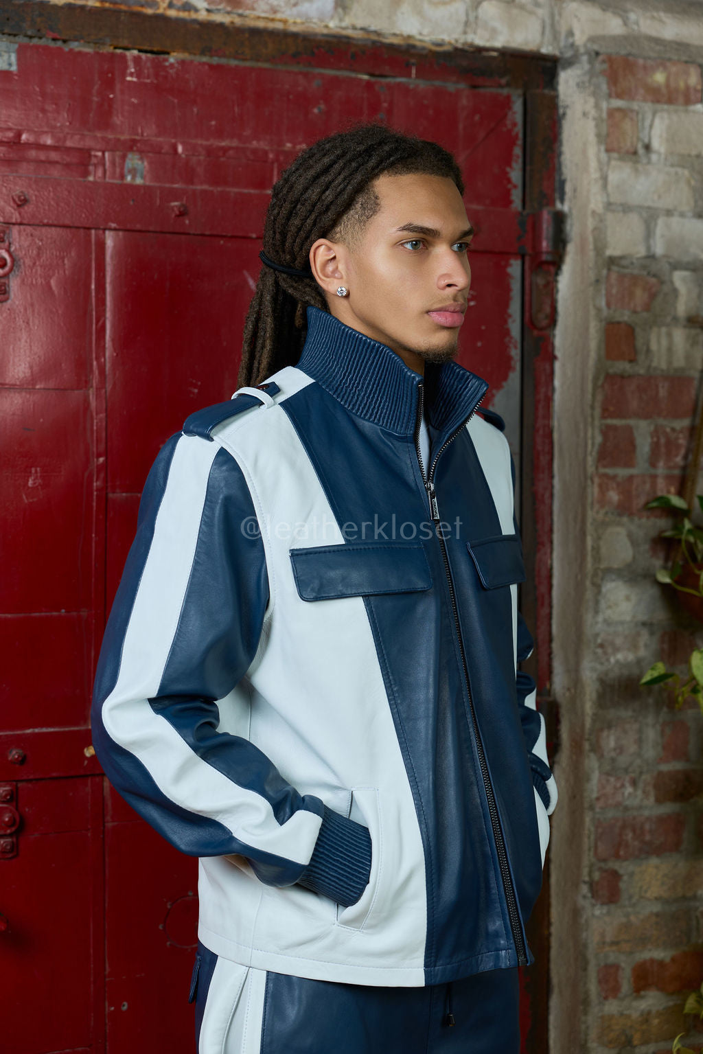 Men's Ace Tracksuit In Lambskin Leather [Navy/White]
