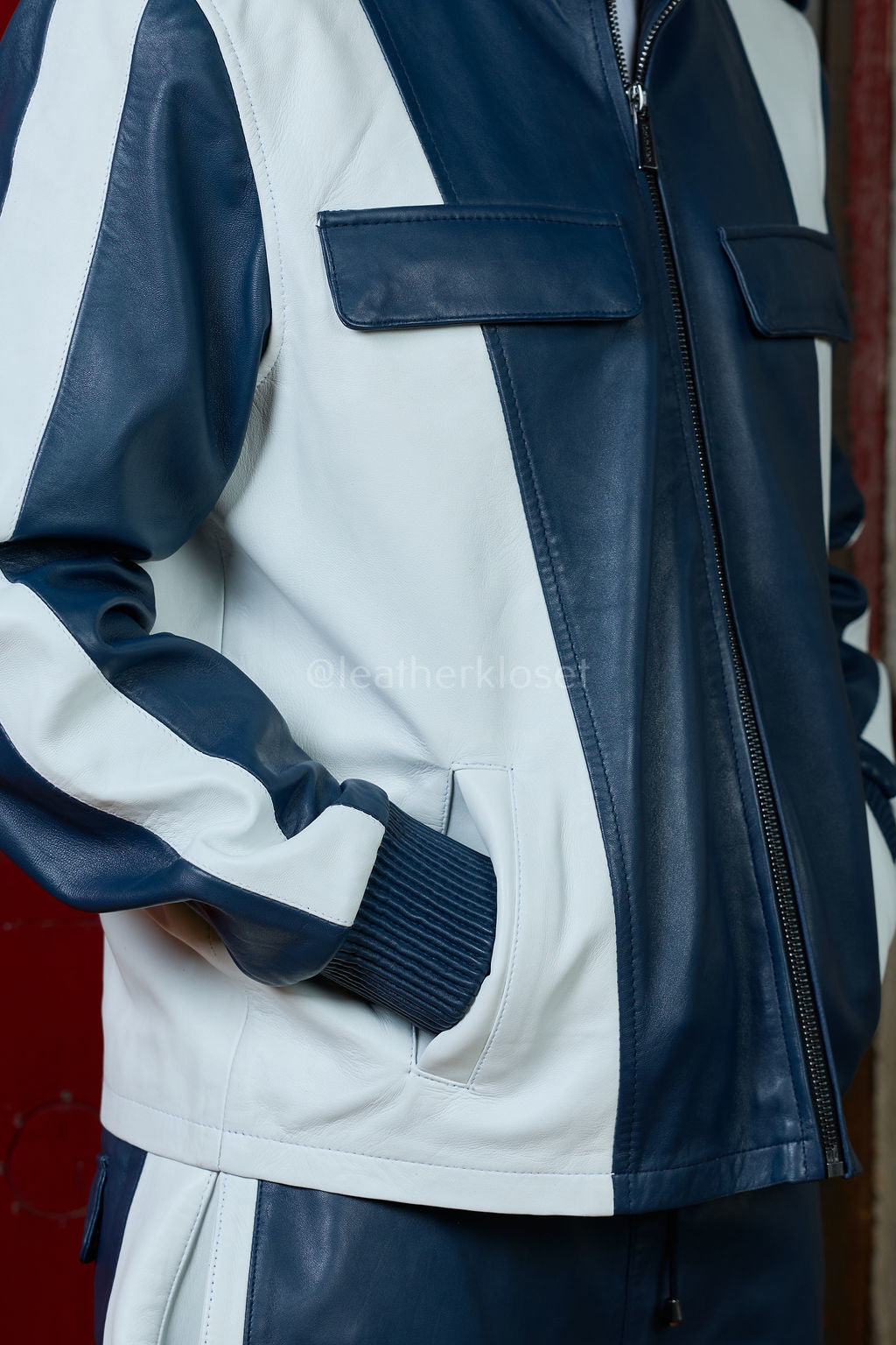 Men's Ace Tracksuit In Lambskin Leather [Navy/White]
