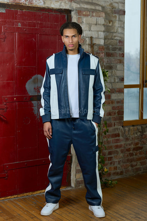 Men's Ace Tracksuit In Lambskin Leather [Navy/White]
