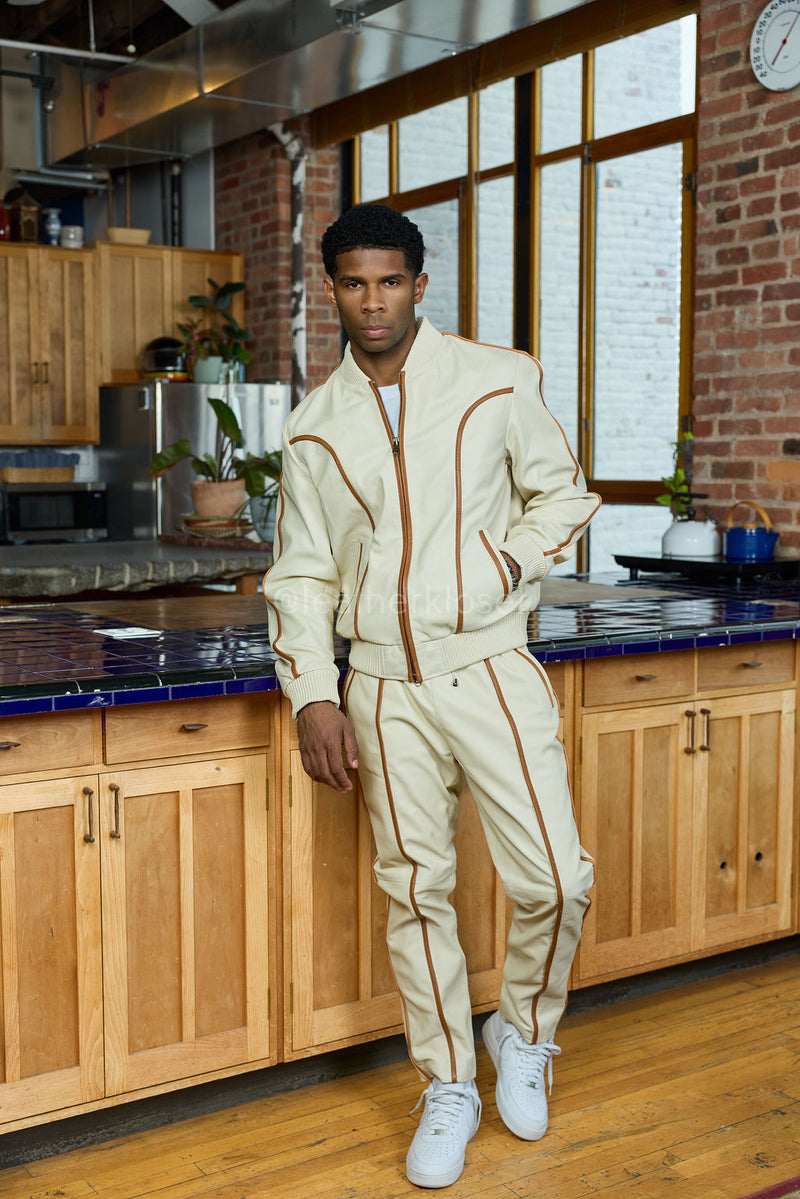 Men's Brayden Leather Track Suit Sweatsuit [Beige/Saddle]