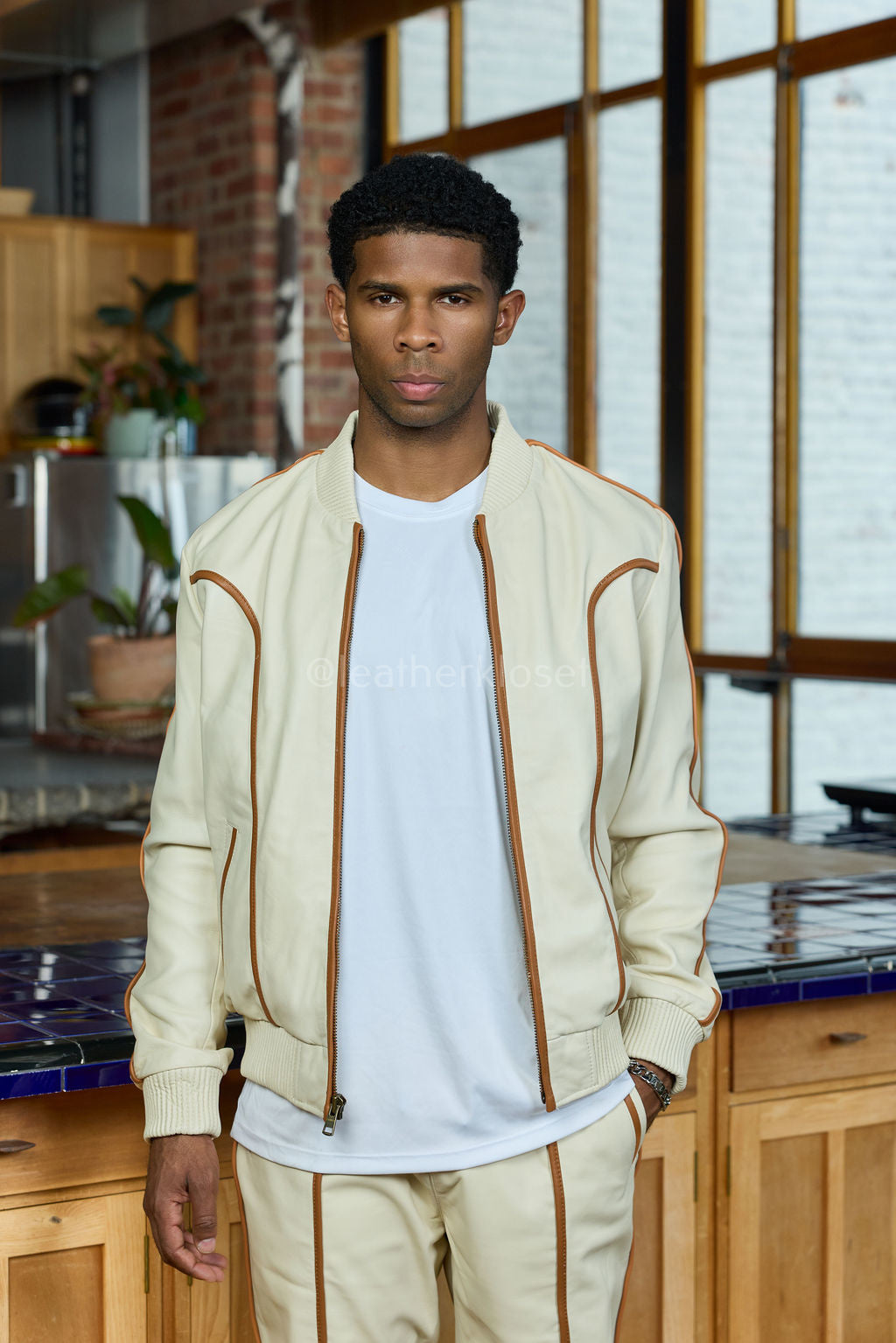 Men's Brayden Leather Track Suit Sweatsuit [Beige/Saddle]