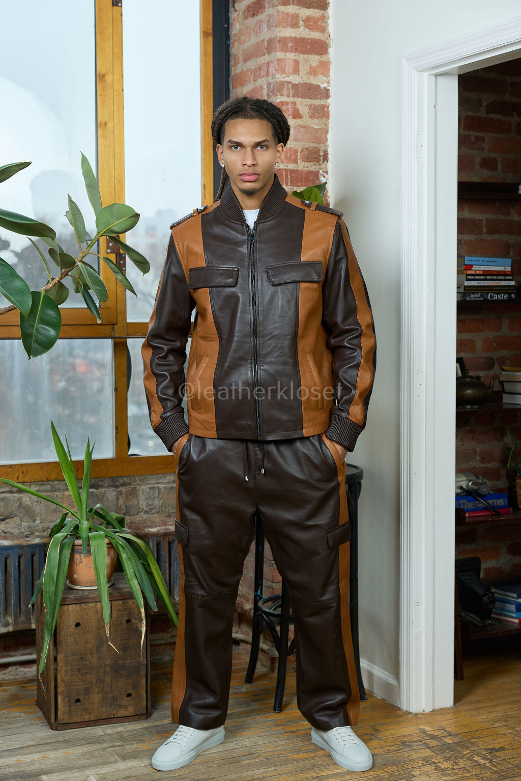 Men's Ace Lambskin Leather Tracksuit — Choco/Saddle