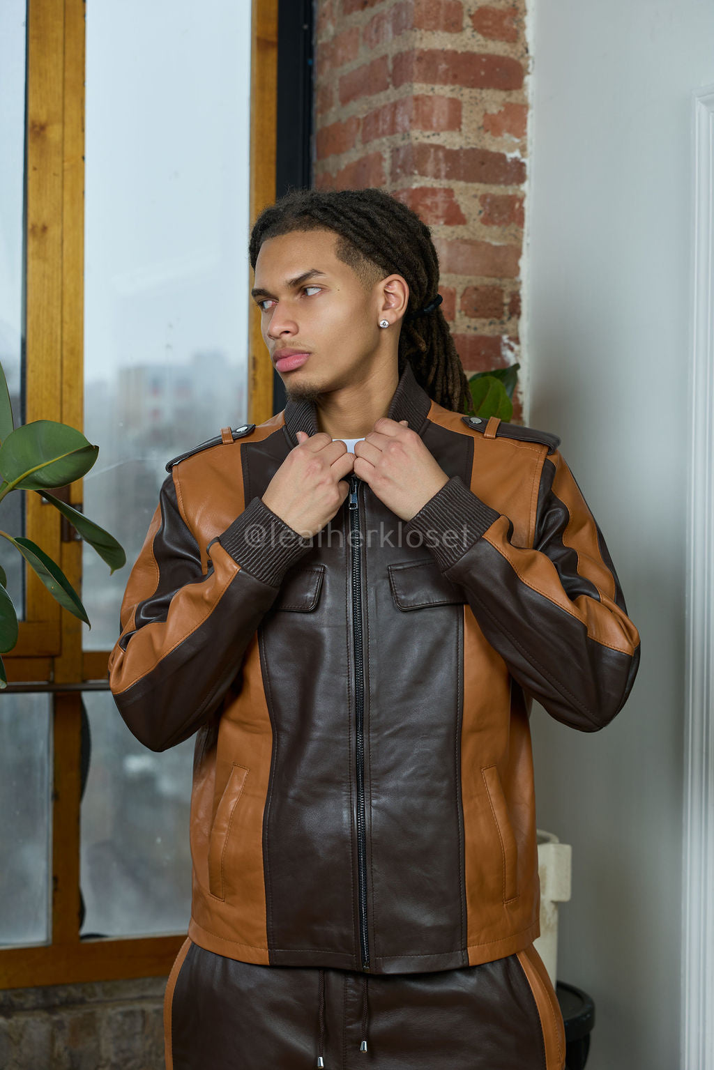 Men's Ace Lambskin Leather Tracksuit — Choco/Saddle