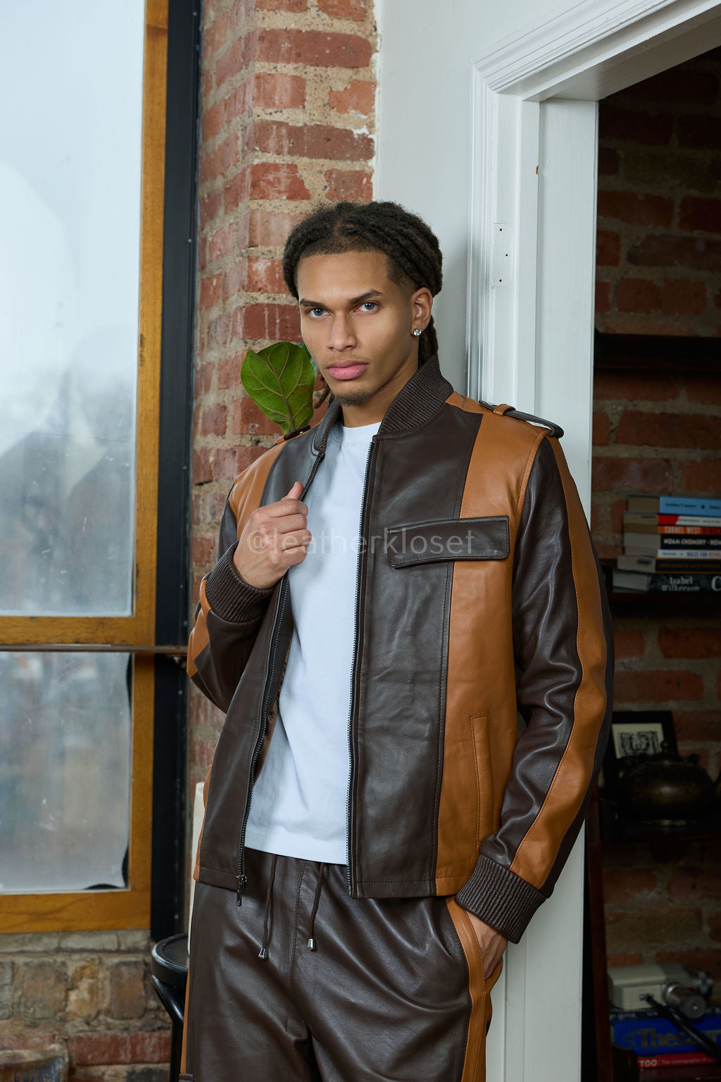 Men's Ace Lambskin Leather Tracksuit — Choco/Saddle