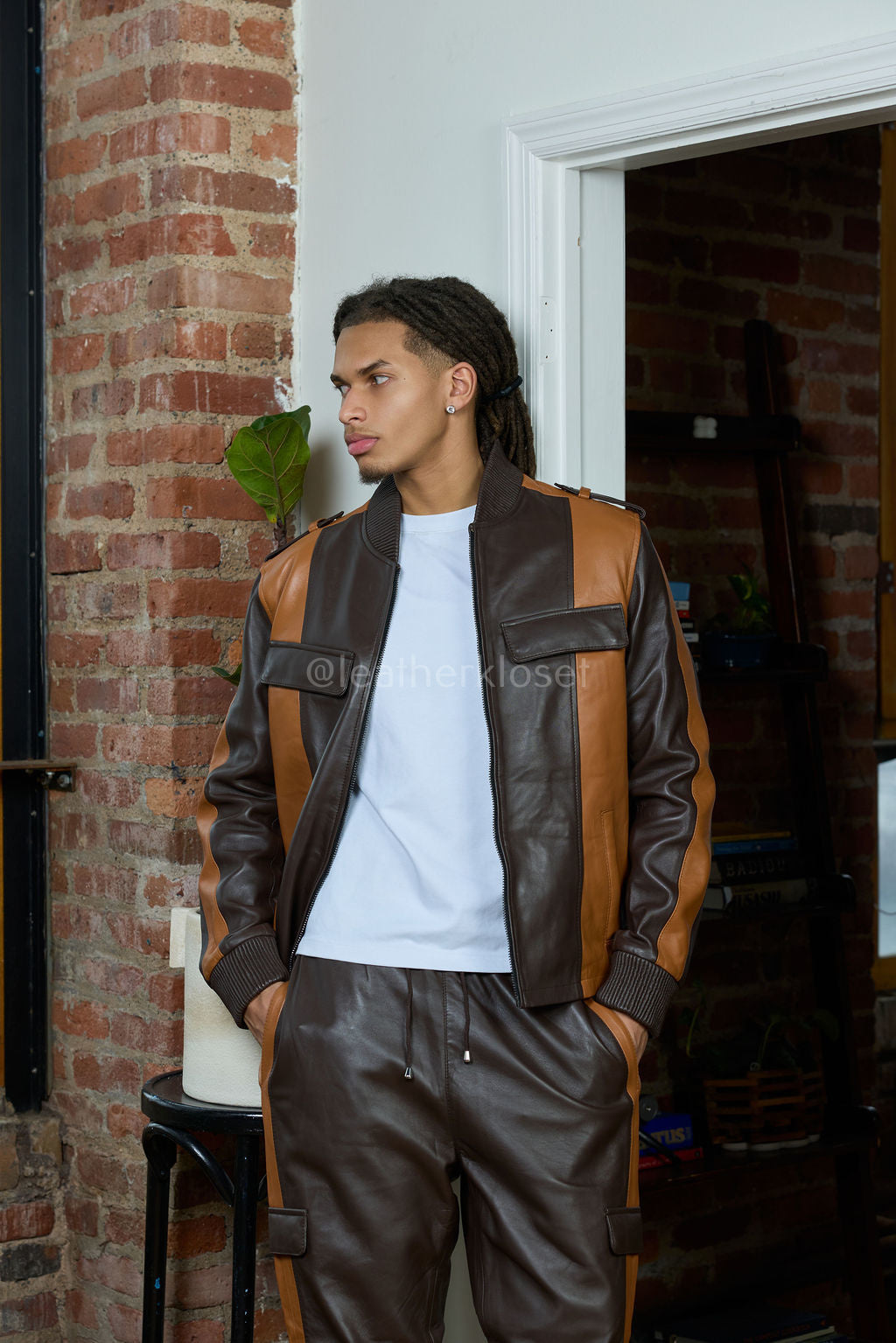 Men's Ace Lambskin Leather Tracksuit — Choco/Saddle