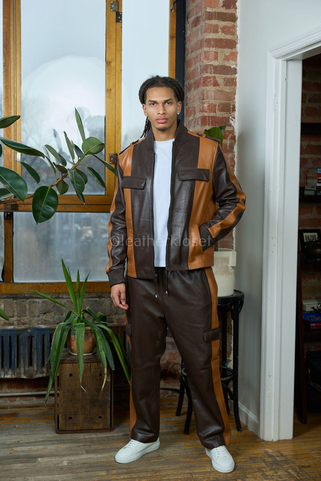 Men's Ace Lambskin Leather Tracksuit — Choco/Saddle