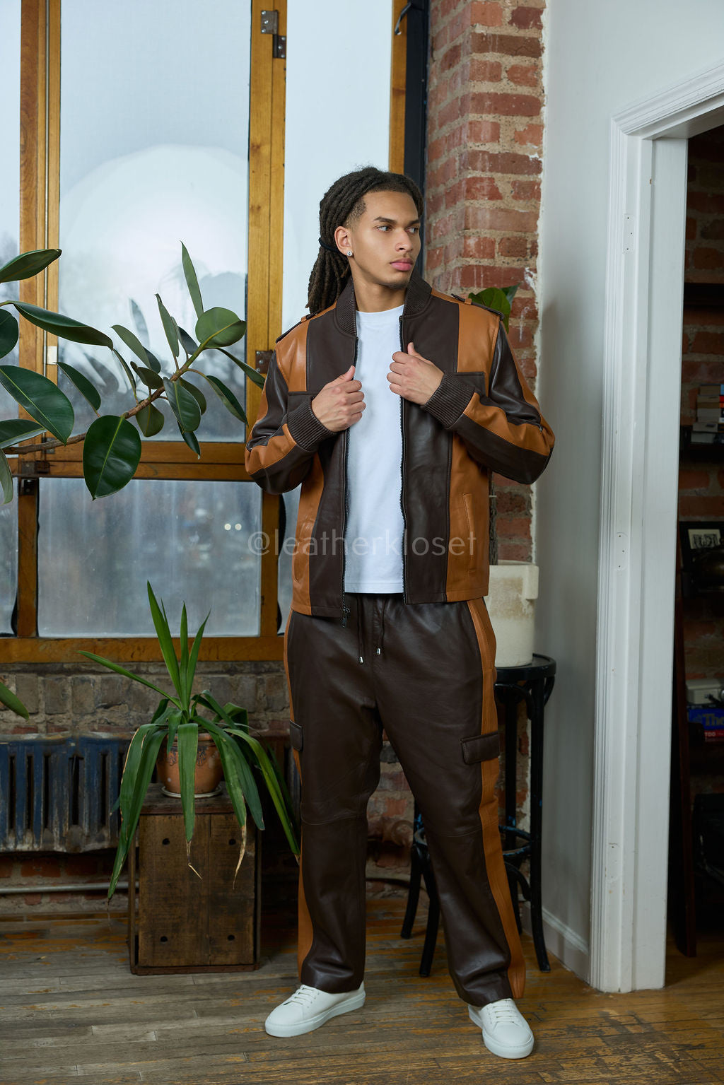 Men's Ace Lambskin Leather Tracksuit — Choco/Saddle