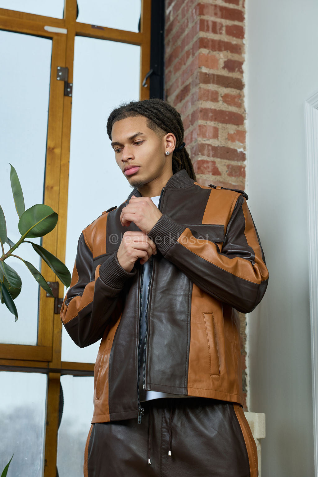 Men's Ace Lambskin Leather Tracksuit — Choco/Saddle