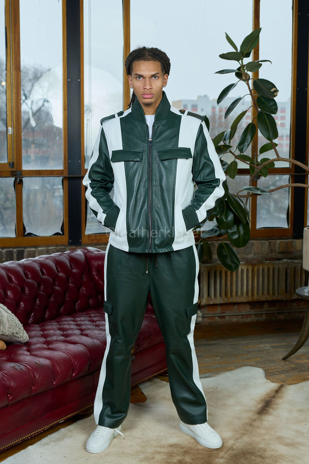 Men's Ace Tracksuit In Lambskin Leather [Forest Green/White]