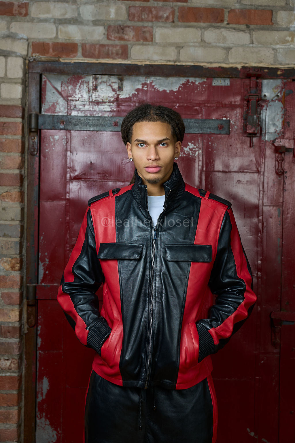 Men's Ace Tracksuit In Lambskin Leather [Black/Red]
