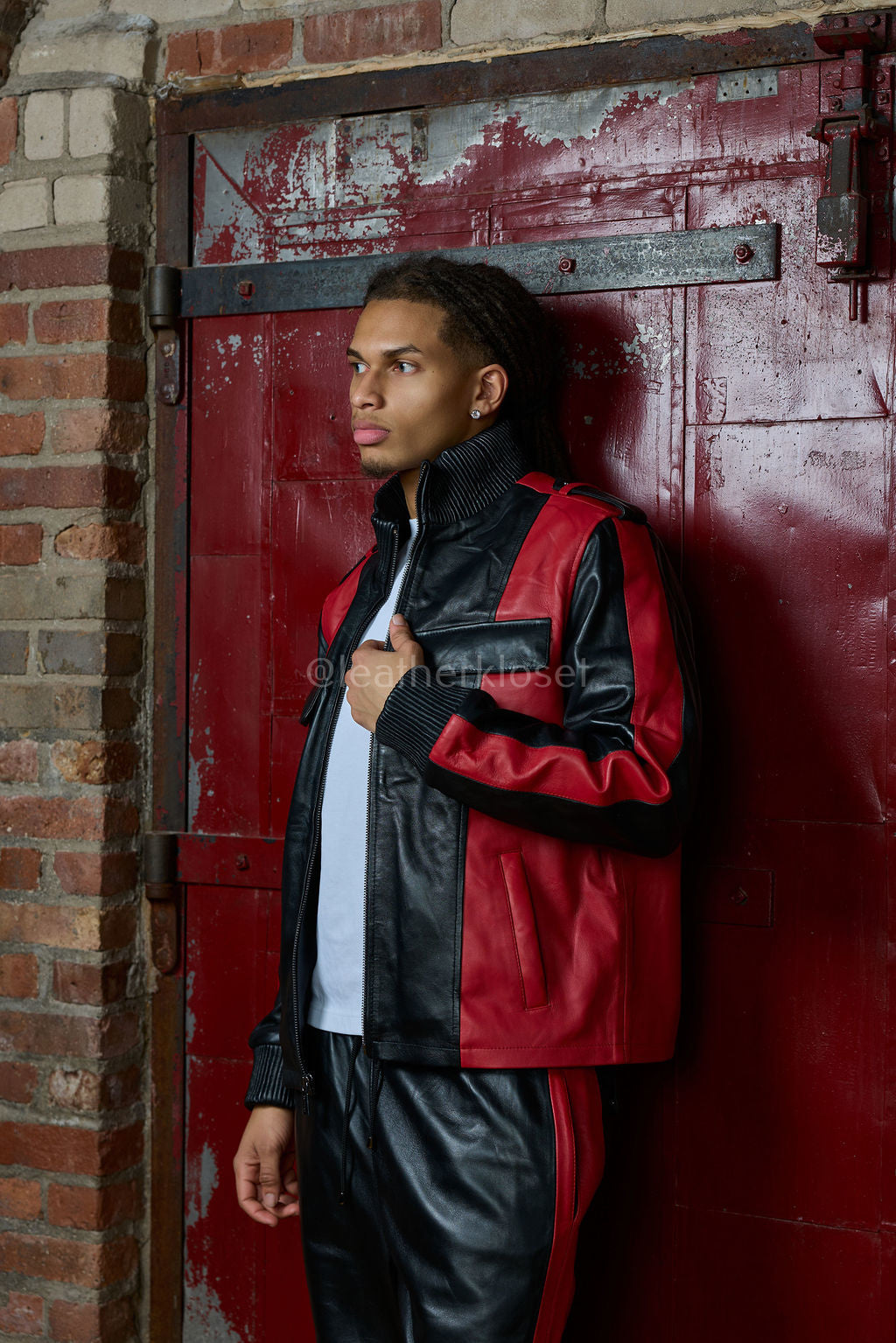 Men's Ace Tracksuit In Lambskin Leather [Black/Red]