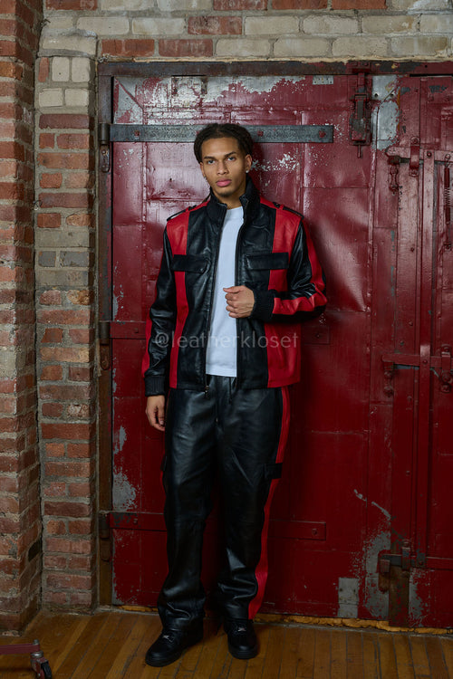 Men's Ace Tracksuit In Lambskin Leather [Black/Red]