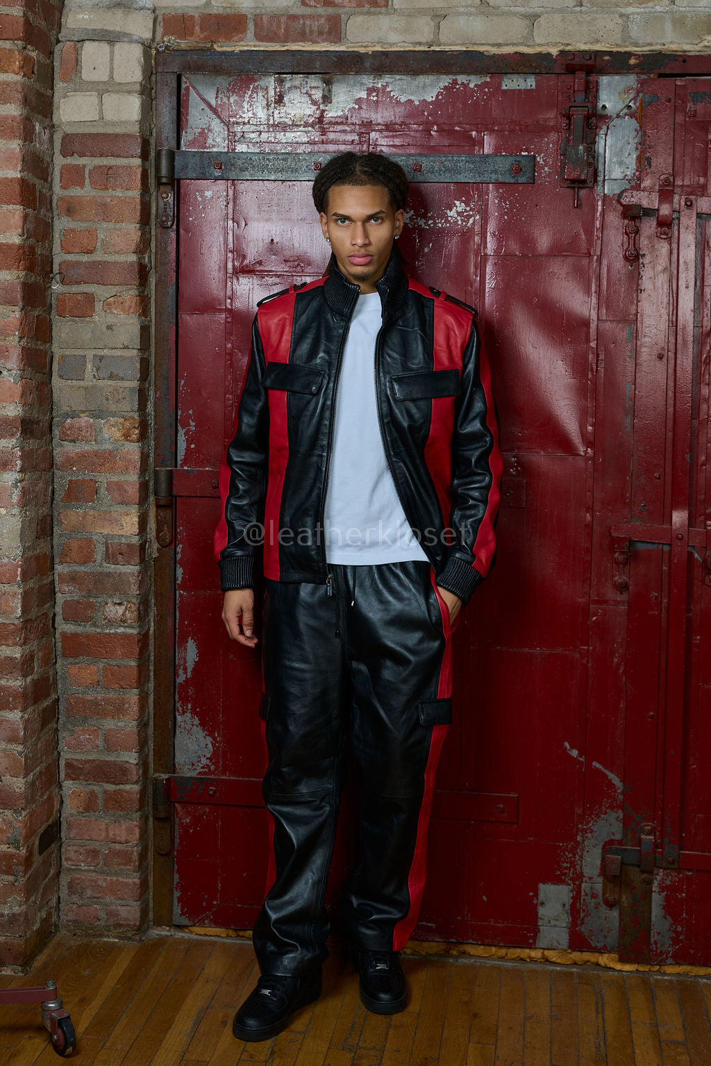 Men's Ace Tracksuit In Lambskin Leather [Black/Red]