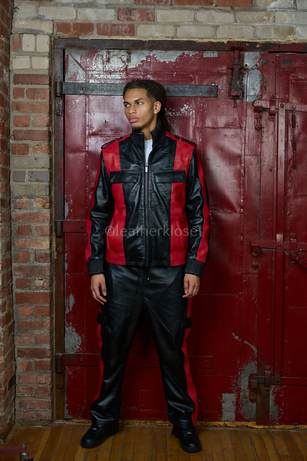 Men's Ace Tracksuit In Lambskin Leather [Black/Red]