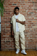 Men's Luka Leather Short Sleeve Shirt And Cargo Pants Set [Beige]