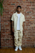 Men's Luka Leather Short Sleeve Shirt And Cargo Pants Set [Beige]