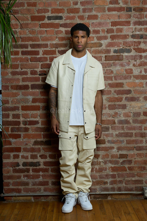 Men's Luka Leather Short Sleeve Shirt And Cargo Pants Set [Beige]