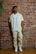 Men's Luka Leather Short Sleeve Shirt And Cargo Pants Set [Beige]