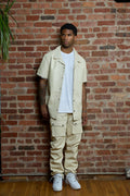 Men's Luka Leather Short Sleeve Shirt And Cargo Pants Set [Beige]