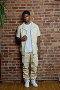 Men's Luka Leather Short Sleeve Shirt And Cargo Pants Set [Beige]