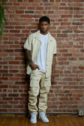 Men's Luka Leather Short Sleeve Shirt And Cargo Pants Set [Beige]